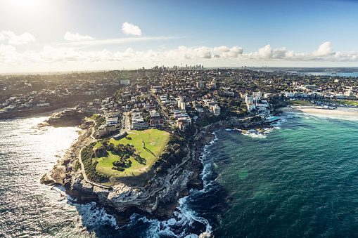 aerial shot of a helicopter, south head, Sydney, Australia.