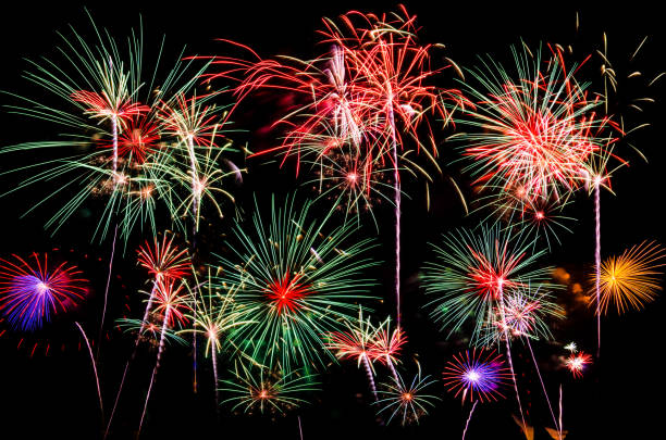 istock Fireworks in red and green big background 887930230