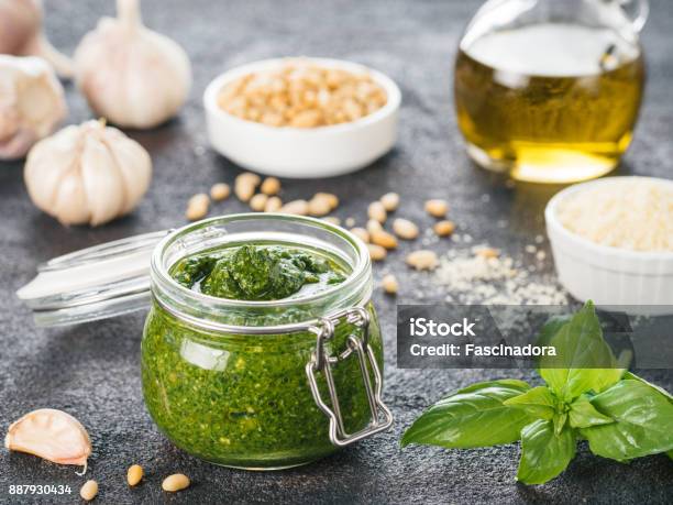 Homemade Basil Pesto Sauce Ingredients Stock Photo - Download Image Now - Appetizer, Backgrounds, Basil