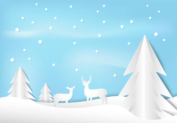 istock Deer and pine tree with snow paper art style, Christmas season background paper cut illustration 887937776