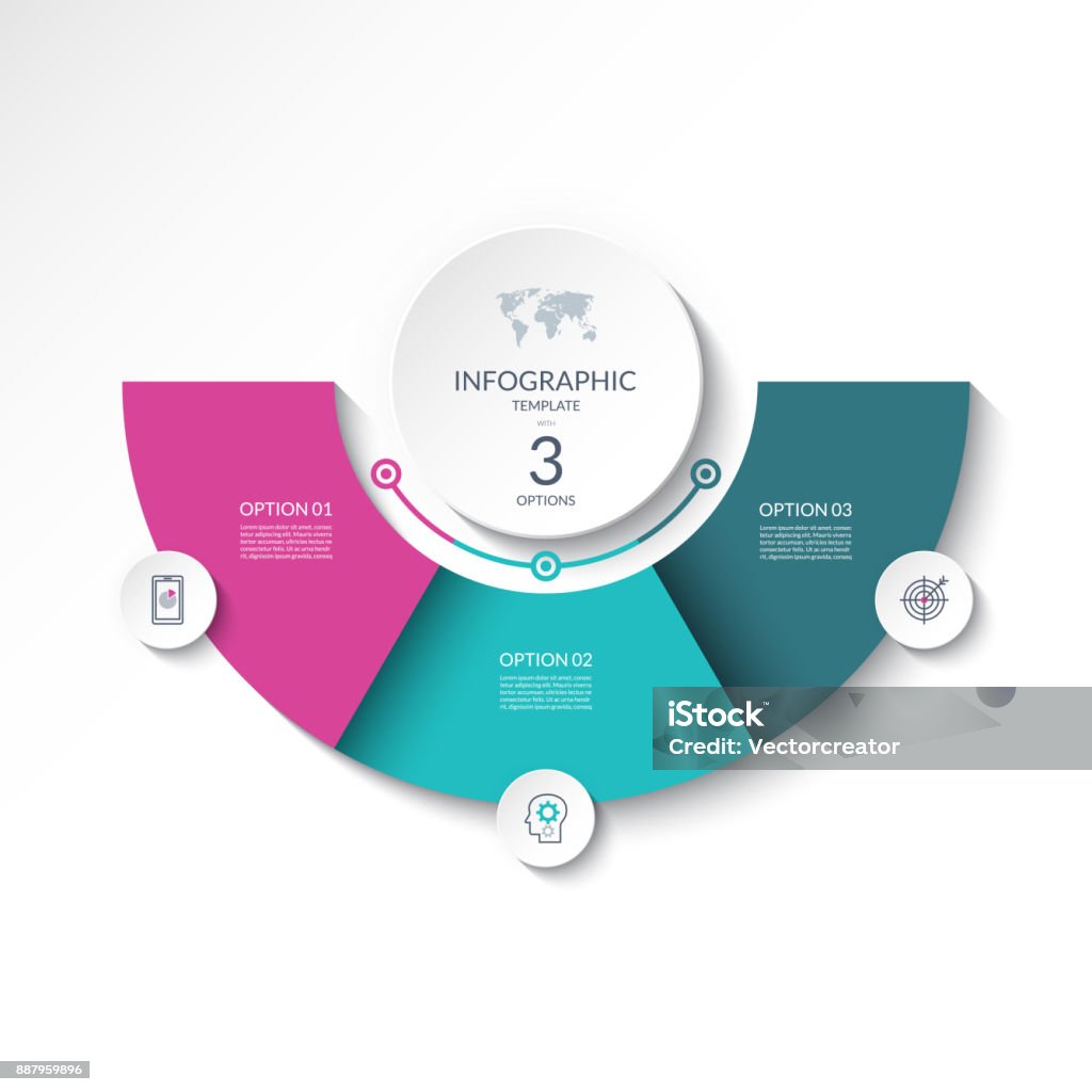 Infografik-Banner mit 3 Optionen. Vektor Vorlage für Business-Präsentation, Bericht, Datenvisualisierung, Web-Design. Einsetzbar als Tabelle, Diagramm, Diagramm, Diagramm, Workflow-Layout. - Lizenzfrei Drei Gegenstände Vektorgrafik