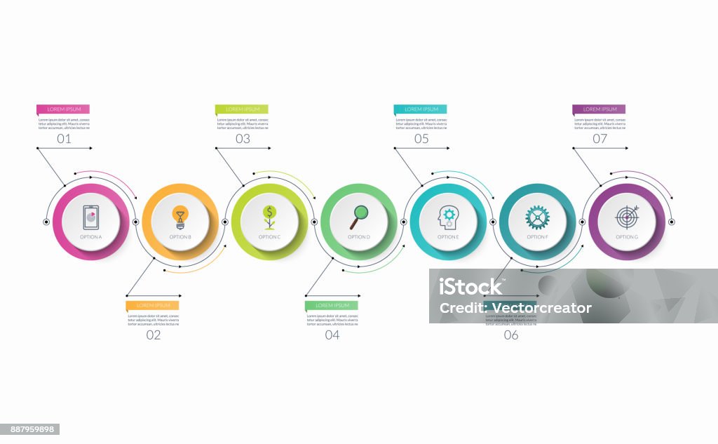 Infografik-Timeline-Vorlage mit 7 Optionen. Kann als Diagramm, Diagramm, Diagramm verwendet werden, für Business-Präsentation, Geschäftsbericht, Broschüre, Web-Design. - Lizenzfrei Informationsgrafik Vektorgrafik