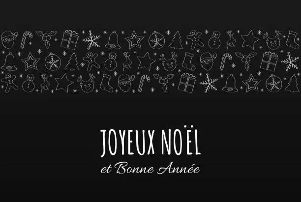 Vector illustration of Joyeux Noel - Merry Christmas in French. Concept of Christmas card with decoration. Vector.