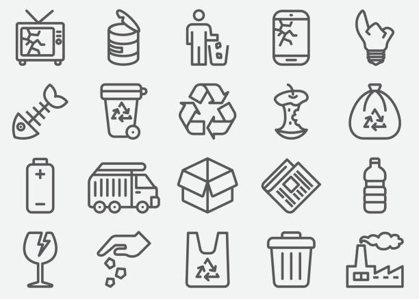 ilustraciones, imágenes clip art, dibujos animados e iconos de stock de iconos de línea de la basura - recycling paper garbage landfill
