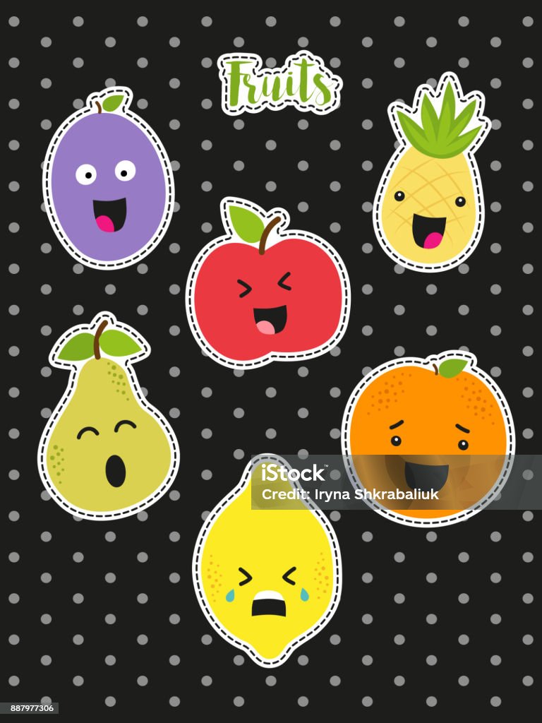 Cute Set Of Fashion Patches With Cartoon Characters Of Fruits Stock  Illustration - Download Image Now - iStock