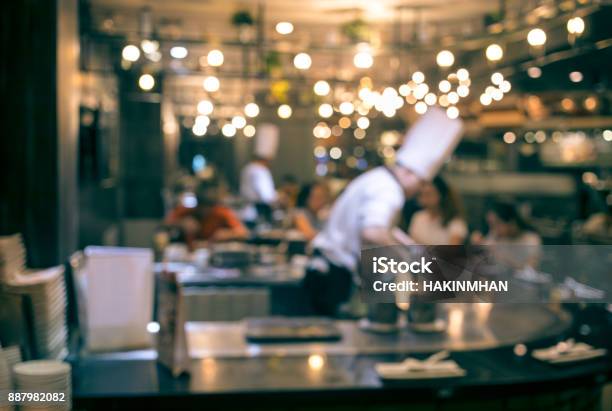 Blur Chef Cooking In Restaurant With Customer Stock Photo - Download Image Now - Restaurant, Chef, Commercial Kitchen