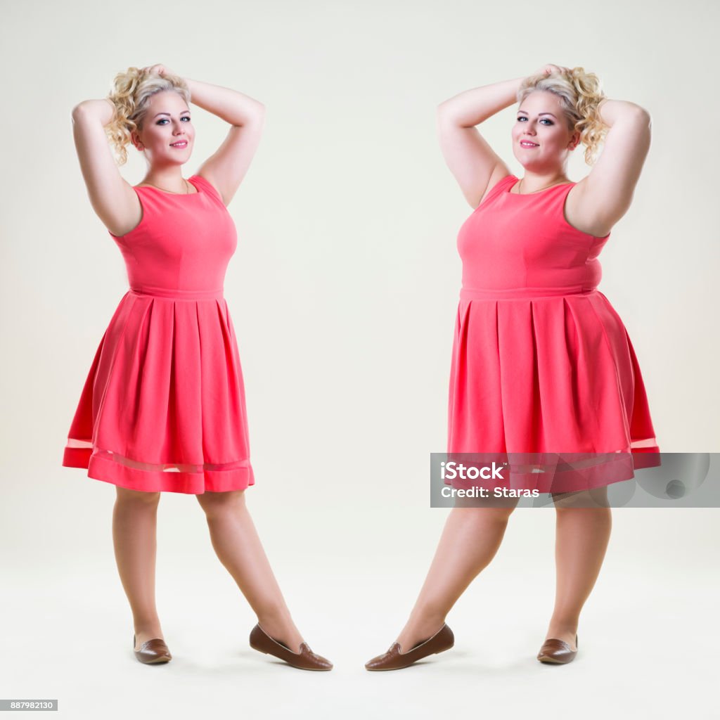 After before loss weight concept, happy plus size fashion model, sexy fat and slim woman After before loss weight concept, happy plus size fashion model, sexy fat and slim woman on beige studio background, full length portrait Overweight Stock Photo