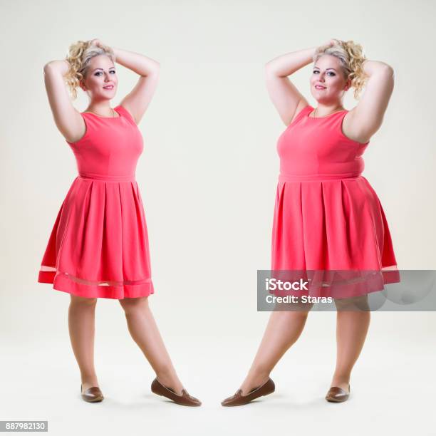 After Before Loss Weight Concept Happy Plus Size Fashion Model Sexy Fat And Slim Woman Stock Photo - Download Image Now