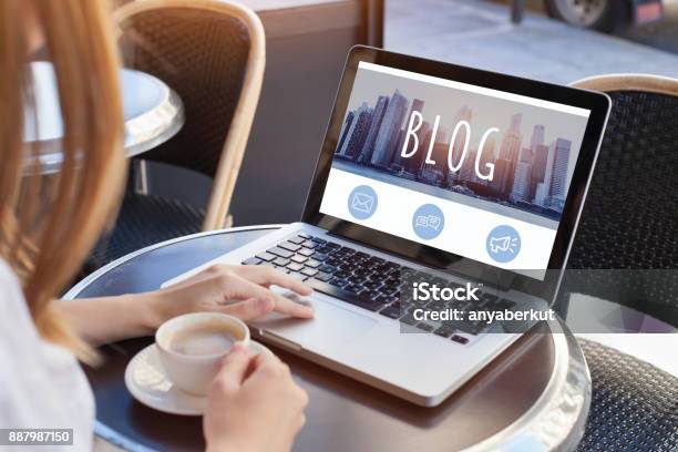 Blogging Woman Reading Blog Stock Photo - Download Image Now - Blogging, Writing - Activity, Mail