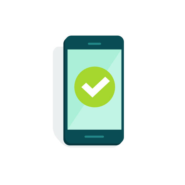 Smartphone with checkmark on display vector illustration, flat cartoon of mobile phone with green tick isolated on white, concept of cellphone survey done, accept icon, vote checkbox, yes button Smartphone with checkmark on display vector illustration, flat cartoon style of mobile phone with green tick isolated on white, concept of cellphone survey done, accept icon, vote checkbox, yes button mobile phone illustrations stock illustrations