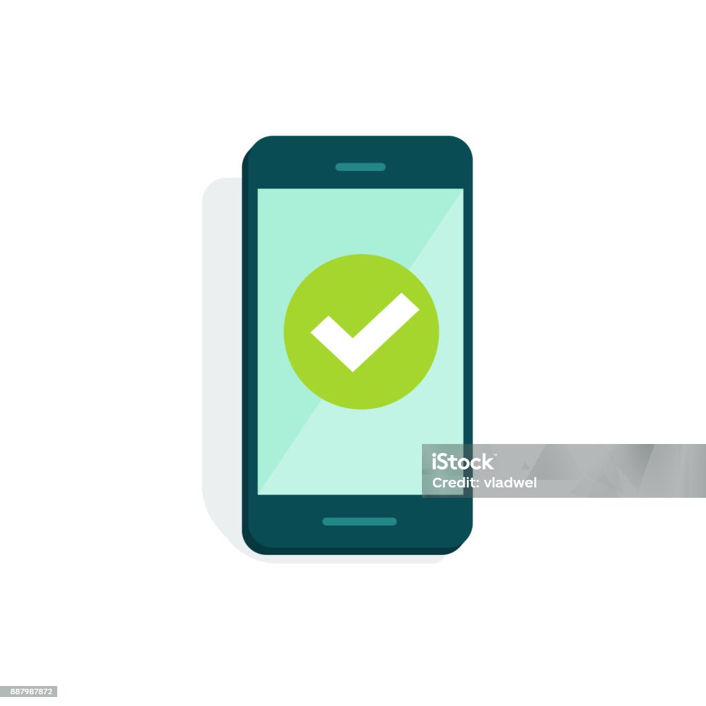 智慧手機與顯示向量插圖, 平板卡通手機與綠色蜱隔離白色, 手機調查的概念做, 接受圖示, 投票核取方塊, 是按鈕 - 免版稅電話圖庫向量圖形