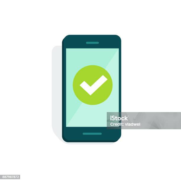智慧手機與顯示向量插圖 平板卡通手機與綠色蜱隔離白色 手機調查的概念做 接受圖示 投票核取方塊 是按鈕向量圖形及更多電話圖片