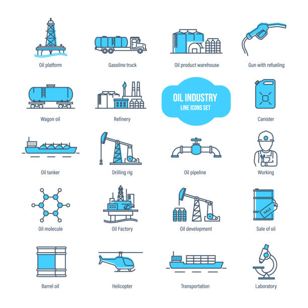 ilustrações de stock, clip art, desenhos animados e ícones de oil industry thin line icons, pictogram and symbol set - oil industry oil rig computer icon oil