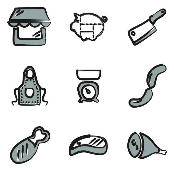 Vector illustration of Butcher Shop Icons Freehand 2 Color