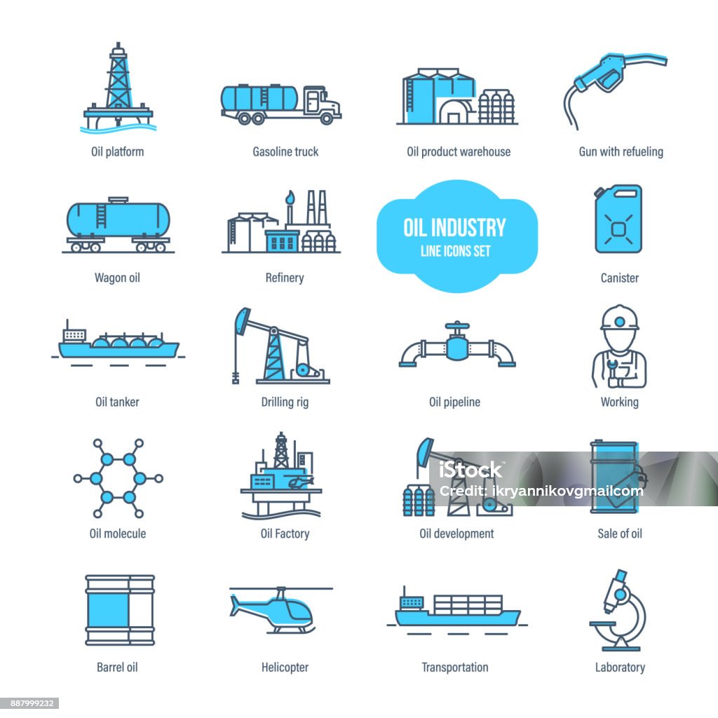 Oil industry, gas station, transportation, buildings, warehouse, development, modern laboratory Oil industry thin line icons, pictogram, symbol set. Icons for gas station, oil factory and tanker, transportation, buildings, warehouse, development, modern laboratory. Illustration editable stroke Crude Oil stock vector