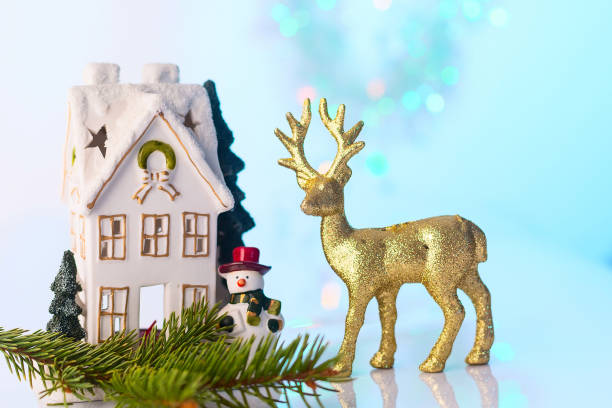 istock Christmas house and reindeer with bokeh lights 888018810