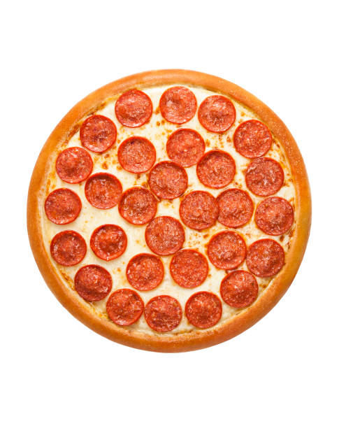 pepperoni pizza isolated on white background - cooked studio shot close up sausage imagens e fotografias de stock