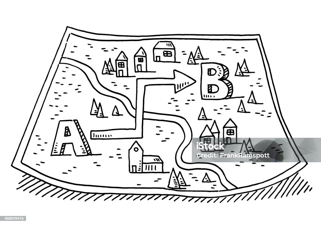 Moving From A To B Map Drawing Hand-drawn vector drawing of a Moving From A To B Concept Map. Black-and-White sketch on a transparent background (.eps-file). Included files are EPS (v10) and Hi-Res JPG. Drawing - Art Product stock vector