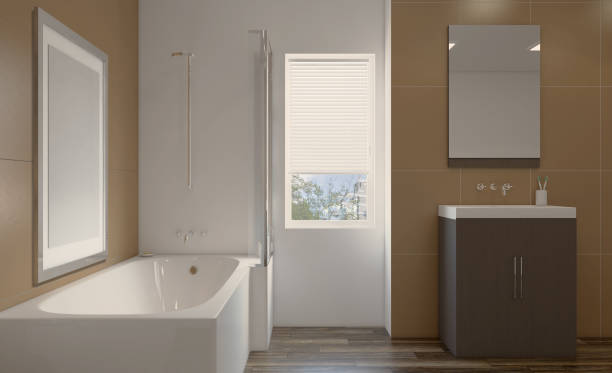 istock Clean and fresh bathroom with natural light. 3D rendering. Empty picture 888019644