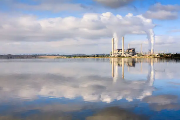 Lake Liddell coal fired power station, reflecting in Lake Liddell,  NSW, Australia.