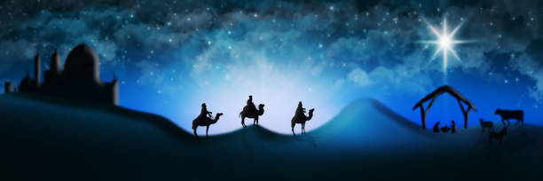 Christmas Nativity Scene Of Three Wise Men Magi Going To Meet Baby Jesus in the Manger Christmas Nativity Scene Of Three Wise Men Magi Going To Meet Baby Jesus in the Manger with the City of Bethlehem in the distance Illustration christmas three wise men camel christianity stock pictures, royalty-free photos & images