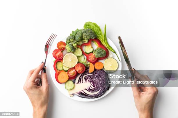 Woman Going To Eat Salad Stock Photo - Download Image Now - Eating, Hand, Fork