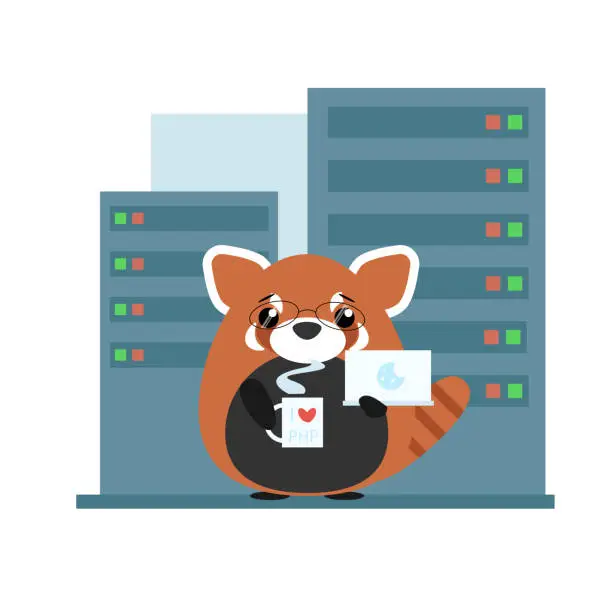 Vector illustration of Anthropomorphic red panda - programmer standing with computer and coffee in server room. Cute vector illustration