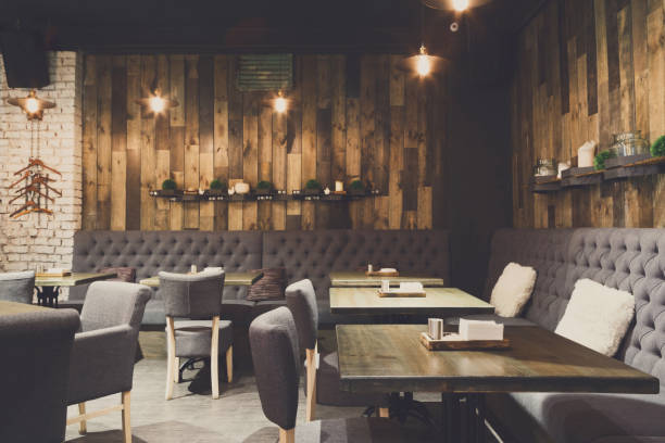 istock Cozy wooden interior of restaurant, copy space 888040016