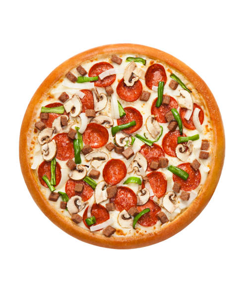 pepperoni pizza with mushroom isolated on white background - cooked studio shot close up sausage imagens e fotografias de stock