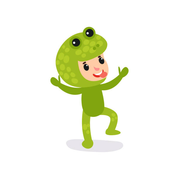 радостный маленький ребенок весело провести время в зеленом комбинезоне лягушки. мультфильм ребенка веселое выражение лица показывает яз� - frog animal little boys child stock illustrations