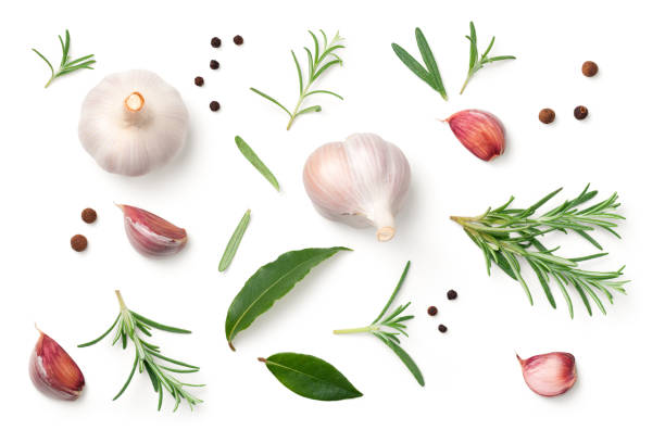 knoblauch, rosmarin, lorbeer, piment, pfeffer isolierten auf weißen hintergrund - lorbeerblatt fotos stock-fotos und bilder