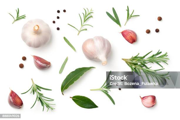 Garlic Rosemary Bay Leaves Allspice Pepper Isolated On White Background Stock Photo - Download Image Now