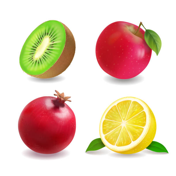 istock Juice fruits icons realistic vector set. Apple, lemon, kiwi fruit, grapefruit 888052132