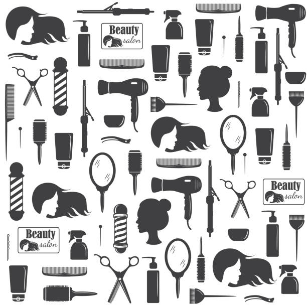 미용실 도구 완벽 한 패턴 - beauty spa human hair scissors hair dryer stock illustrations