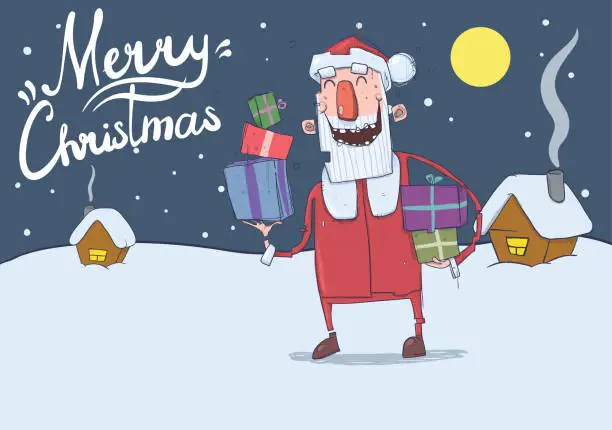 Vector illustration of Christmas card of funny smiling Santa Claus. Santa Claus brings presents in colorful boxes. Snowy night, festive houses. Horizontal vector illustration. Cartoon character with lettering. Copy space.