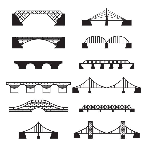 ilustraciones, imágenes clip art, dibujos animados e iconos de stock de conjunto de iconos de puente. vector conjunto de puentes. - railway bridge