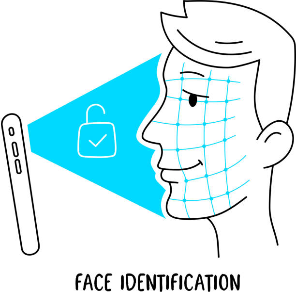 istock Vector illustration of human head and new mobile phone with face id. Smartphone scans face to unlock screen on white background. 888062972