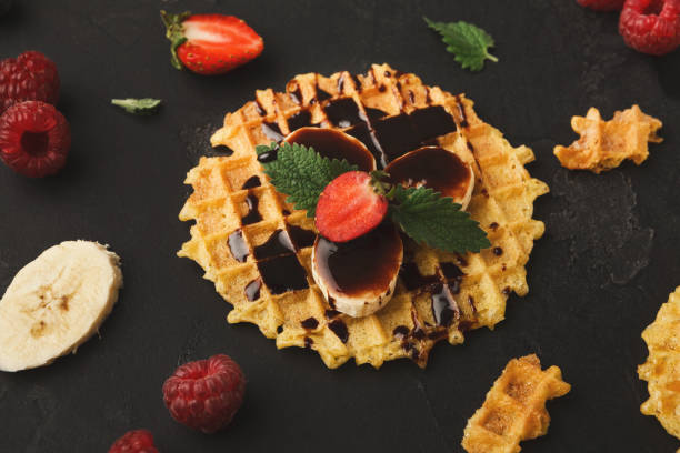 istock Waffles with fruits, breakfast background 888067452
