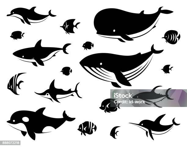 Group Of Sea Creatures Silhouette Stock Illustration - Download Image Now - Dolphin, Icon Symbol, Vector