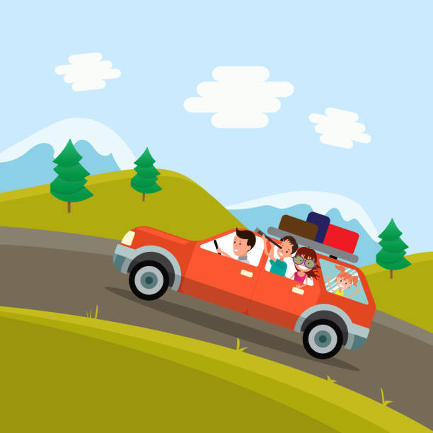 Family trip. Father, mother and children traveling by car on the background of a beautiful mountain landscape. Vector illustration of a flat design Family trip. Father, mother and children traveling by car on the background of a beautiful mountain landscape. Vector illustration of a flat design family in car stock illustrations