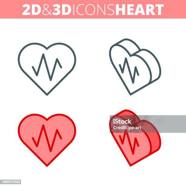 Heart And Heartbeat Flat And Isometric 3d Outline Icon Set Stock Illustration - Download Image Now
