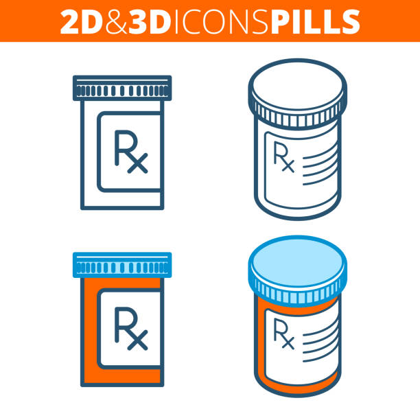 die pille-flasche. flach und isometrischen 3d umriss-icon-set. - rx pill prescription symbol stock-grafiken, -clipart, -cartoons und -symbole