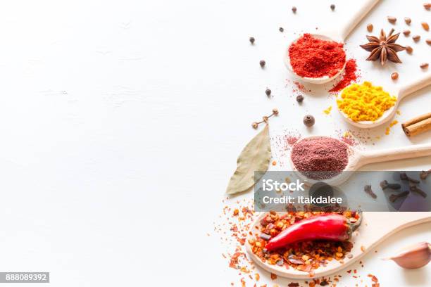 Seasonings And Spices On A White Background With Space For Text Stock Photo - Download Image Now