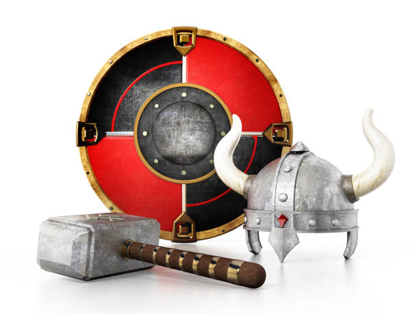 istock Viking helmet, round shield and hammers isolated on white 888090138