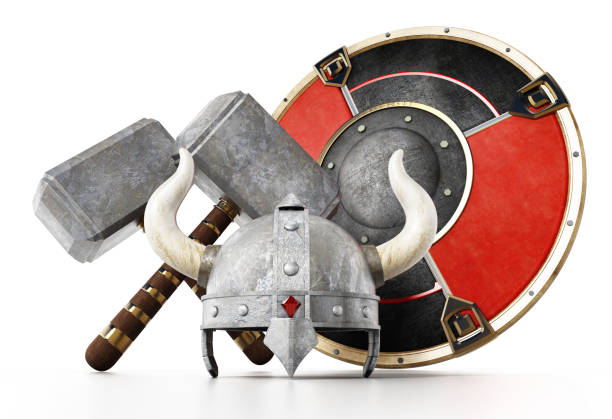 Viking helmet, round shield and hammers isolated on white