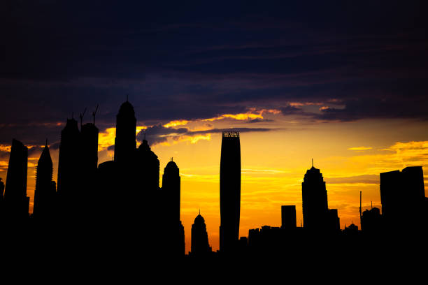 istock Dubai marina cityscape silhouette on sunset 888095486