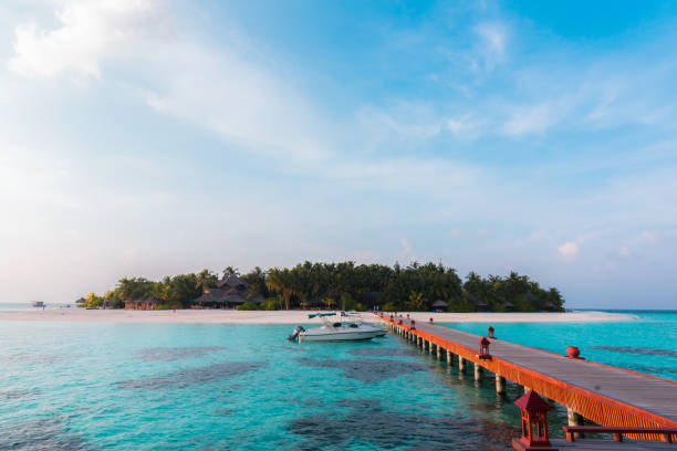 Overwater Jetty and an Island stock photo