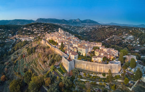 Aerial view on Saint Paul de Vence fortified village, France Aerial view on Saint Paul de Vence fortified medieval village, Alpes-Maritimes, France provence alpes cote dazur stock pictures, royalty-free photos & images