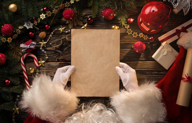 Close up of Santa Claus hands holding, reading blank letter with copy space