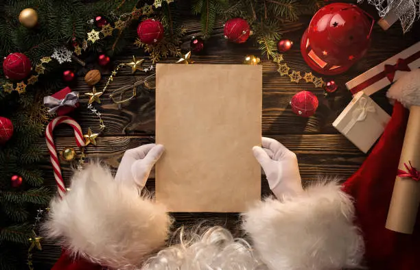 Photo of Santa Claus hands holding, reading blank letter